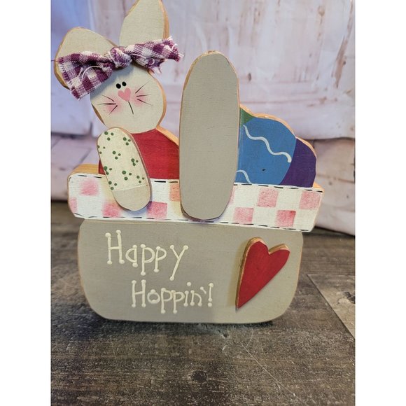 Wooden Easter Decor happy hop in Easter Bunny basket egg heart - Picture 2 of 5